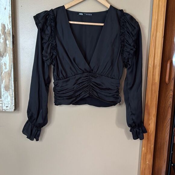 Zara black satin ruffle layered blouse shirt women’s size small long sleeve dark - Picture 1 of 8